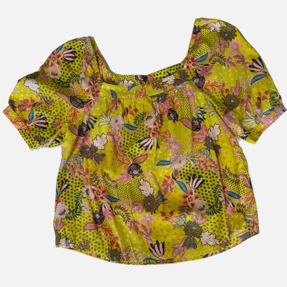 Loft Linen Artsy Yellow Floral Puff Sleeve Top Large Square Neck Boho Vacation - Picture 5 of 13